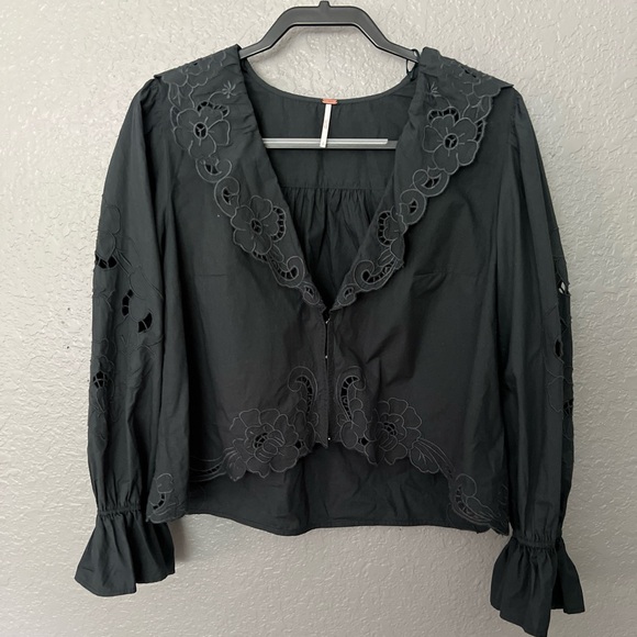Free People Tops - Free People Maisie Cut Work Top SZ S Black Long Sleeve Whimsigoth Witchy Hooks
